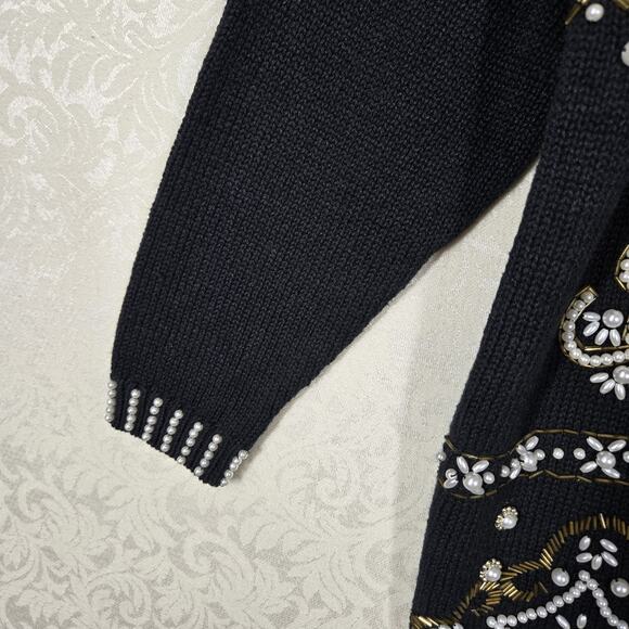 VTG Margules Sweater sz M Black Heavily Beaded Pearl Front Mock Neck Grandmacore - Picture 8 of 16